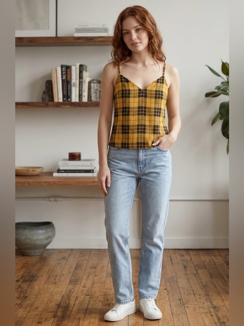 🌻 Aritzia Babaton Everly Tartan Plaid Camisole - Mustard Yellow - XS - Preloved